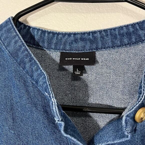 Who Wear What Denim Tie Waist 3/4 Puff Sleeve Mini Dress - Large‎ - Picture 4 of 4